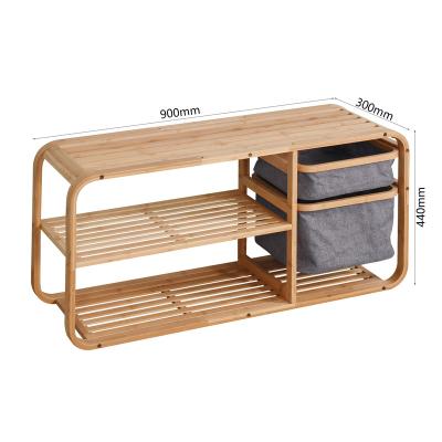 China New Design Convertible 2 Tiers Bamboo Shoe Rack Bench For Entryway With Storage Basket for sale