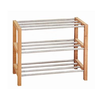 China (Other) Expandable Metal Adjustable Wooden Display 3 Layers Shoe Rack With Stainless Steel Pipe for sale