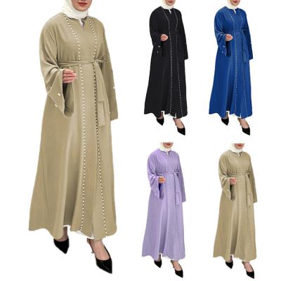 China Ethnic Female Long Dress With Abaya Muslim Dress Modest Abaya For Women New Islamic Beading Kimono Beads Middle East Clothing Hotsale Belt for sale