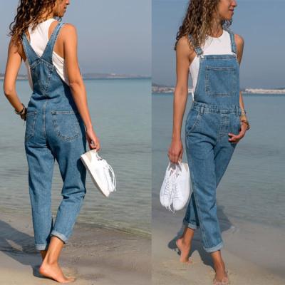 China QUICK DRY style women fashion high waist blue wash distressed jeans pants women denim overall long romper for sale