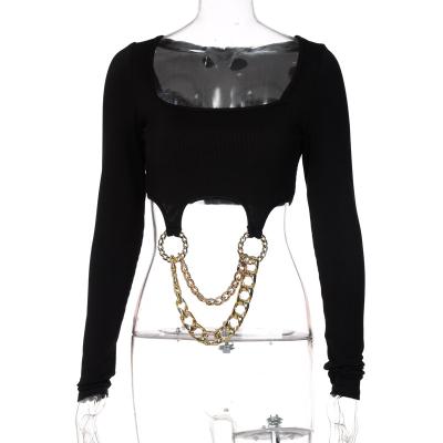 China QUICK DRY Wholesale Fashion Streetwear Black Ins Winter Clothing Crop Ribbed Tops With Chain for sale