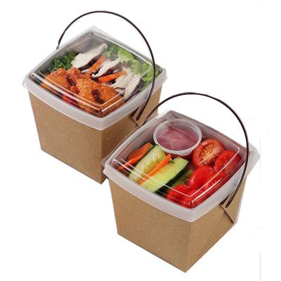 China 780ml disposable portable paper box with plastic handle unfold kraft paper lunch box for sale