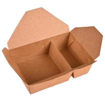 China Brown Paper Disposable Lunch Box Disposable Kraft Paper Folding Two Compartment Box For Food Packing for sale