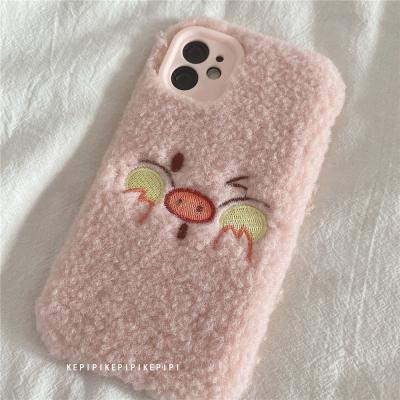 China Cute Anti-fall Autumn And Winter Embroidery Pig For iPhone12 Plush Phone Case For iPhonex/8plus/xs/11 Cover Device for sale