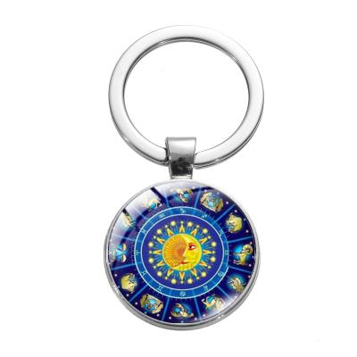 China Promotional Unisex Glow Key Chain 12 Ring Glass Acrylic Bag Pendant Zodiac Metal Key Chains Holders for sale