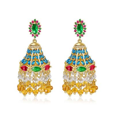 China Wholesale Ethnic Triple Zicron Crystal Rhinestone Tassel Earring Boho Vintage Antique Indian Grispu Chandelier for sale