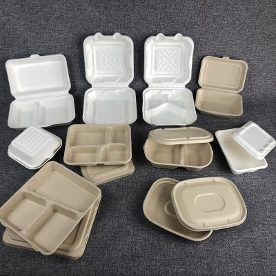 China Disposable 100% pfas free harmless disposable bagasse-food-container microwave take out lunch box brown bagasse clamshell food container for sale