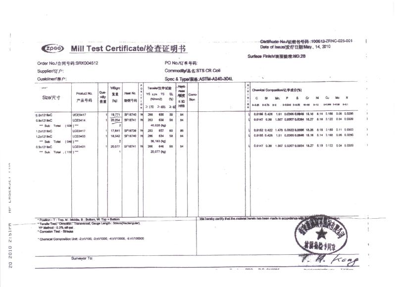 MILL TEST CERT - Pingxiang Naike Chemical Industry Equipment Packing Co.,Ltd