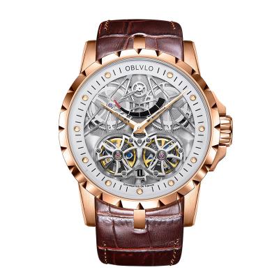 China Water Resistant Business Luxury Custom Logo Men Military Skeleton Automatic Waterproof Double Flywheel Wrist Mechanical Watch for sale