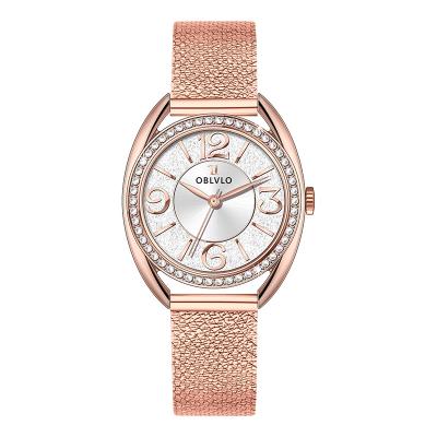 China Power Reserve Oblvlo Stainless Steel Watch Case Rose Gold Popular Diamond Inlaid Watch Women's Mesh Belt Quartz Watch for sale