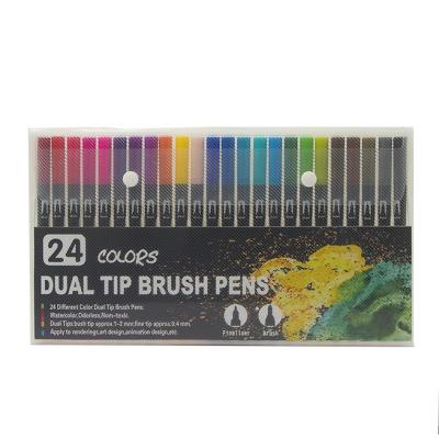 China Soft-tip best-selling double-tip children's drawing 24 color brush pen double-headed line hook brush for sale