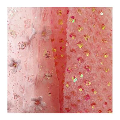 China ZP1002 Flower Sequin Pattern Sequin Fabric Mesh Sequin Fabrics Evening Fabrics Pink Water Soluble Dress Fabric Elegant Lentejuelas 3D for sale