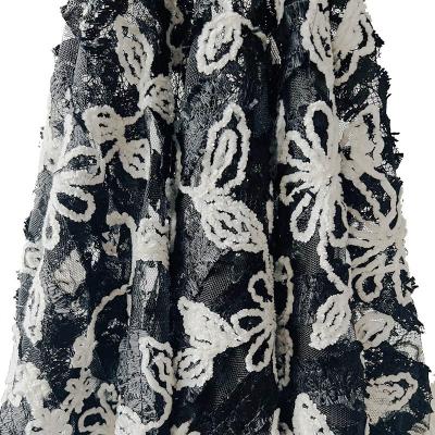 China PD1009 Sunflower Water Soluble Lace Embroidery Dress Fabric Black 3d Mesh Stretch Sequin Fabrics Lentejuelas for sale