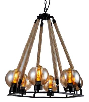 China K026-6 E27 Industrial Black Hemp Glass Twin 6 Bulbs Trace Retro Rope Pendant Light for sale