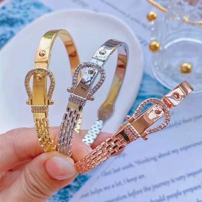 China New Zircon Jewelry Bangle 18k Real Gold Rose Gold Silver-color 3 Color Bangle Factory Cubic Copper Lead Free Nickel Free Ladies Gift Punk Bracelet for sale