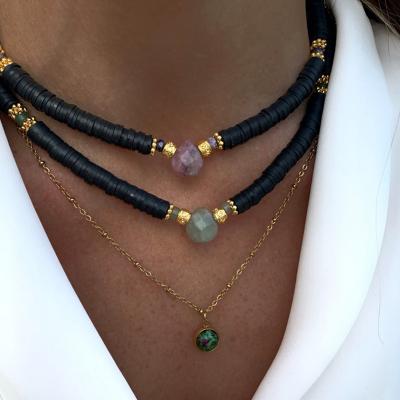 China NEW Retro Classic Silicone Black Clay Necklace Green Purple Stone TRENDY Water-drop Fashion Short Jewelry Pendant 2022 Christmas Gift for sale