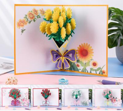 China Europe Creativity Gift Card 3D Flower Pop Up Greeting Cards Printing Bouquet Paper Art Mother's Day Thanksgiving Blessing Gift Card for sale