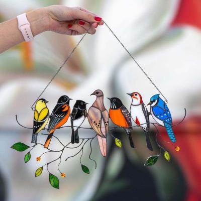 China 2021 Acrylic Hot Multicolor Birds On A Wire High Stained Window Panel Acrylic Bird Ornaments Series Hanging Pendant for sale