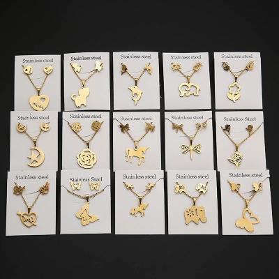 China New CLASSIC Flower Animal Butterfly Stainless Steel Pendant Necklace Set For Women Gold Chain Necklaces Earrings Jewelry Set Gifts for sale