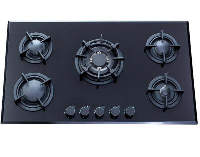 China Flame Failure Features 5 Burners Tempered Glass Panel Gas Stove Cooker for sale