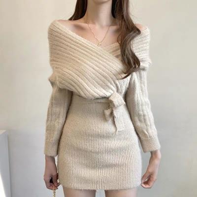 China QUICK DRY V-Neck Off Shoulder Strap Cross Sleeve Knitted Dress Long for sale