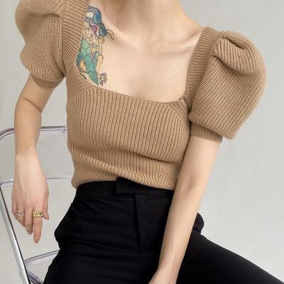 China QUICK DRY Vintage Square Bubble Neck Sleeve Knit Top Short Sleeve Sweater for sale