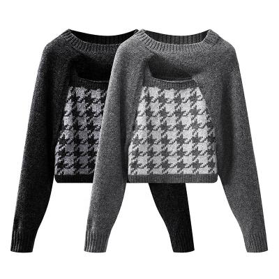 China QUICK DRY Sweater Women's Autumn Irregular Plaid Long Sleeve Two Piece Sweater for sale