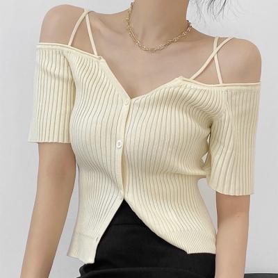 China QUICK DRY Cross Strap Off The Shoulder Knit Short Sleeve V-Neck Top for sale