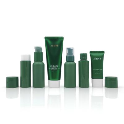 China Cosmetic skincare bottles jar soft tube set cream green pump bottle plastic cosmetic packaging for sale