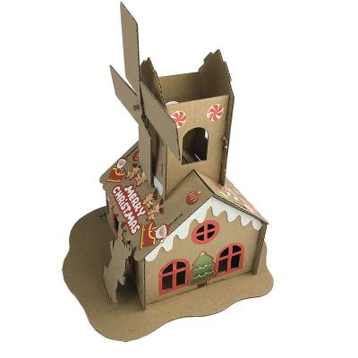 China Non-toxic Eco-friendly Creative Christmas Theme Corrugated House Puzzle 3D DIY Paper Puzzle With Decorative Sticker for sale