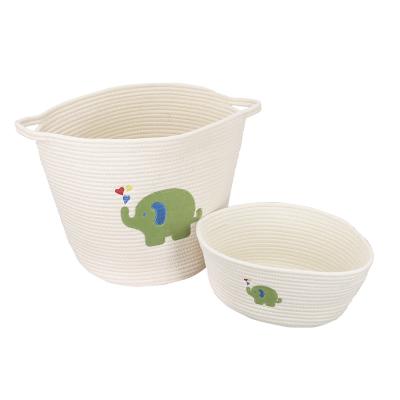 China Cartoon Cotton Sustainable Handmade Rope Woven Storage Basket Collapsible Storage Basket With Handles for sale