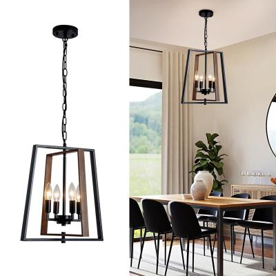 China Modern American Standard E12 Black Metal Led Filament Dining Light For Cafe Wood Bead Chandelier Lighting for sale