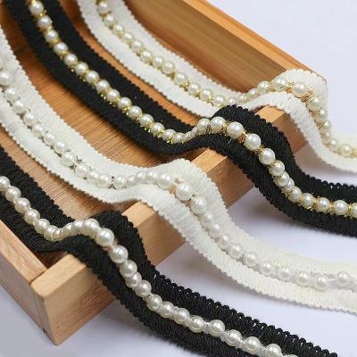 China ZSY Viable 2.5cm Black/White Beaded Fabric Black/White Beaded Fabric Ribbon Trim Lace DIY Supplies Necklace/Sleeve Garment Sewing Decoration for sale