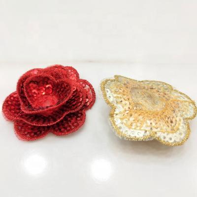 China ZSY Custom 3D Red Gold 3d Flower Patches Embroidery Floral Sequins Patches Apparel Flower Patches for sale