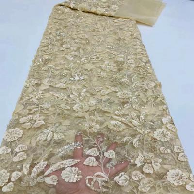 China ZSY Handmade African Lace Fabric 2022 Beaded Embroidery French Nigerian Tulle Lace Fabrics 5 yards for Bridal Dress Dresses for sale