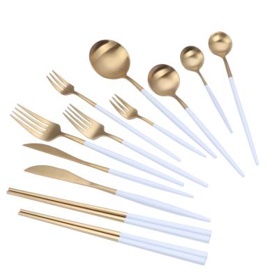 China Sustainable knife, fork and spoon are french wedding dinnerware, white handle and gold stainless steel dinnerware for sale