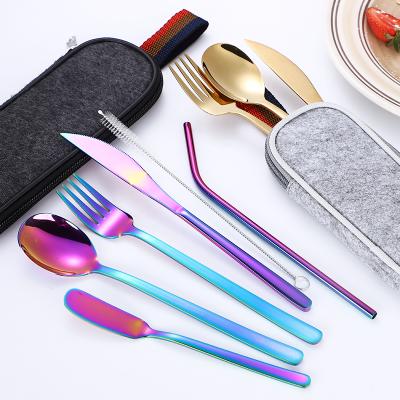 China Sustainable Eco-friendly Portable Stainless Steel Camping Travel Straw Butter Knife Cutlery Tableware Bag Set for sale