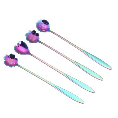 China Sustainable Heart Flower Shape Colorful Creative Stainless Steel Coffee / Tea Spoons Long for sale