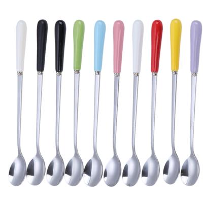 China Hot Selling Sustainable 146mm Short Stainless Steel Hand Coffee Ice Cream Spoon With Colorful Ceramic Handle for sale