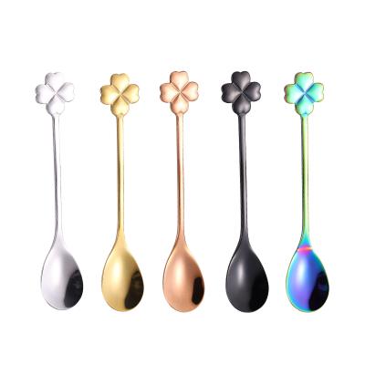 China Viable Creative Cute Coffee Four Leaf Stainless Steel Dessert Spoon Scoop Tableware Mixing Gold Cutlery for sale