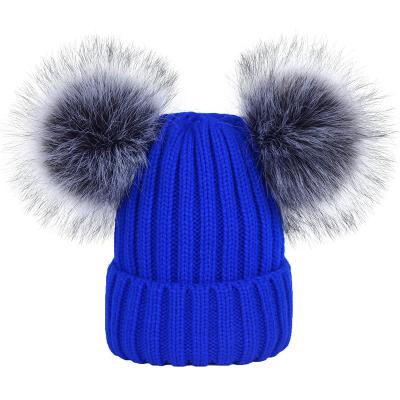 China COMMON BSC0148 Fashion 2019 Winter Women Girl Warm Wool Hat Knit Double Fur Pom Pom Beanie Knitted Hat for sale