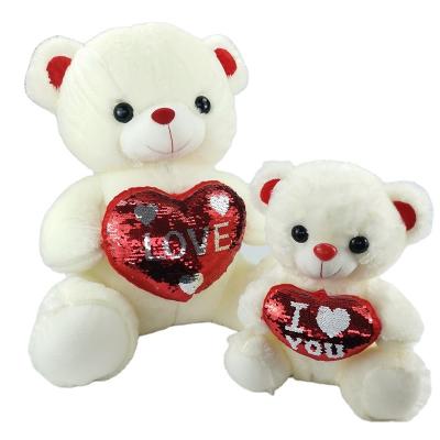 China AIFEI Gifts TOY Home Decoration Cute High End Soft White Teddy Bear Plug On Red Sequin Heart Valentine's Day Gifts Plush Toys I Love You for sale