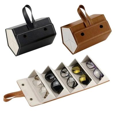 China 5Slots Travel Sunglasses Organizer Folding Design PU Glasses Storage Case Box Multiple Hanging Eyewear Holder Display for sale