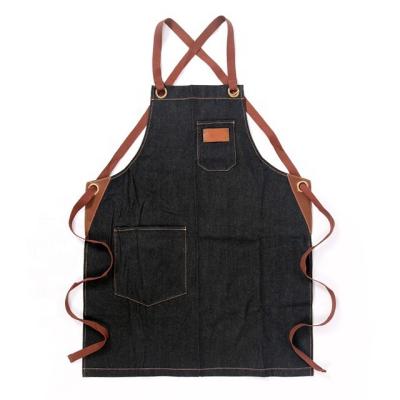 China Contracted fashion padded denim adult kitchen apron with adjustable strap fashion logo aprons adult custom kitchen for sale