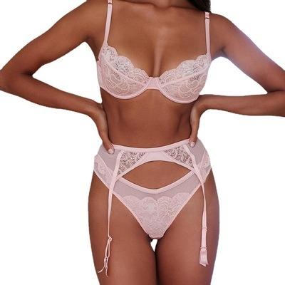 China 2021 Women Lingerie 95%Polyester Lace Up Ring Three-Piece Garter Stockings Steel Lingerie Set Breast Wrap Costume Female Spot Sexy Lingeries for sale