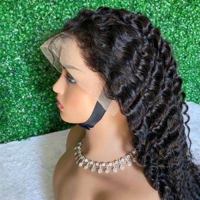 China Natural Black Deep Wave Color Cuticle Aligned Virgin Human Hair Unprocessed Deep Wave HD Transparent Lace Frontal Wig for sale