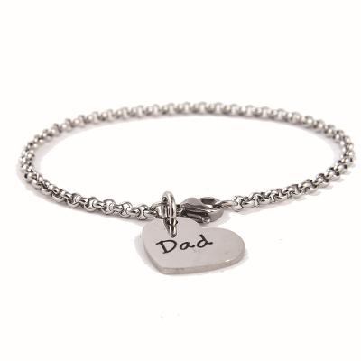 China Simple Design Trendy Dad Engraved Heart Charms Stainless Steel Pendant Chain Bracelet For Father Gift for sale