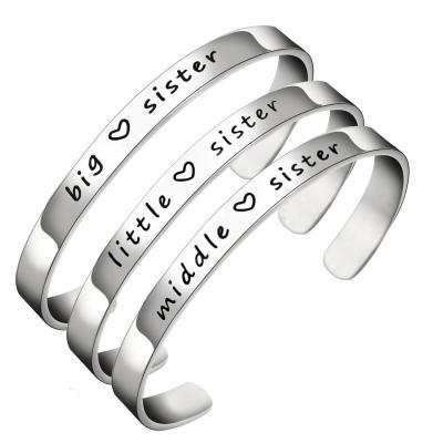 China Fashionable High Quality Women Friendship Bracelet Engraved Silver Sister Cuff Bangle Stainless Steel Bracelet for sale