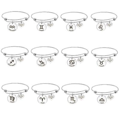 China Custom Expandable 12 Zodiac Horoscope Stainless Steel Inspirational Bangle Wire Charm Bangle Adjustable Jewelry for sale