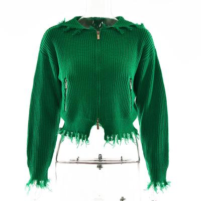 China Fashion Women Green Anti Shrink Zip Up Cropped Hoodies OEM Customized Casual Distressed Edge Knitted Sweater for sale